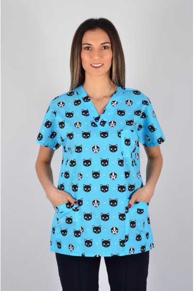 Desenli Tek Üst Turkuaz Kedi