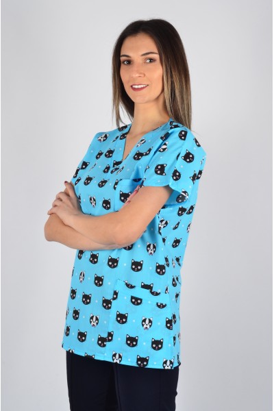 Desenli Tek Üst Turkuaz Kedi