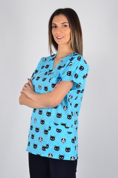 Desenli Tek Üst Turkuaz Kedi